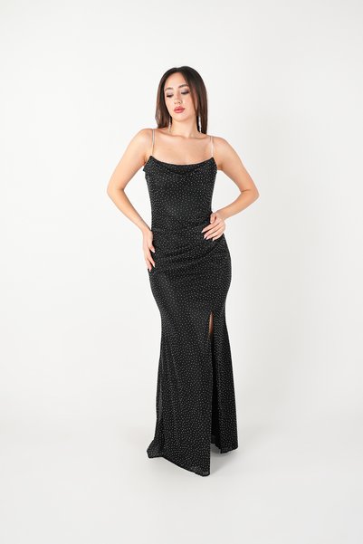BEYBOS Stoned Jacquard Fabric Strap Evening Dress - Black