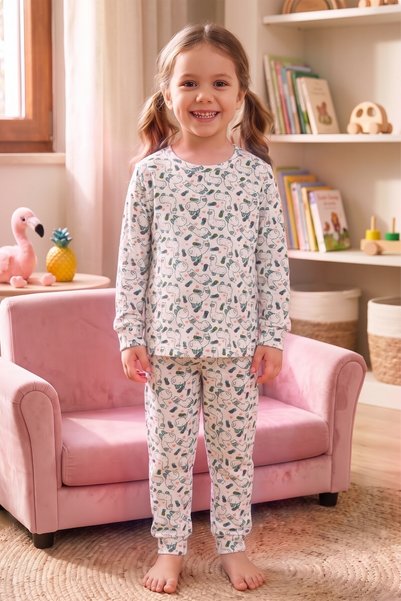 Öts Girls' Single-Piece Cotton Pajamas, Long-Sleeved, Long Pants, Patterned, ...