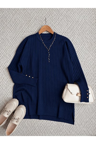 Hepsi Moda Knit Tunic with Sleeve Detail and Striped Detail - 3170 - Navy Blue