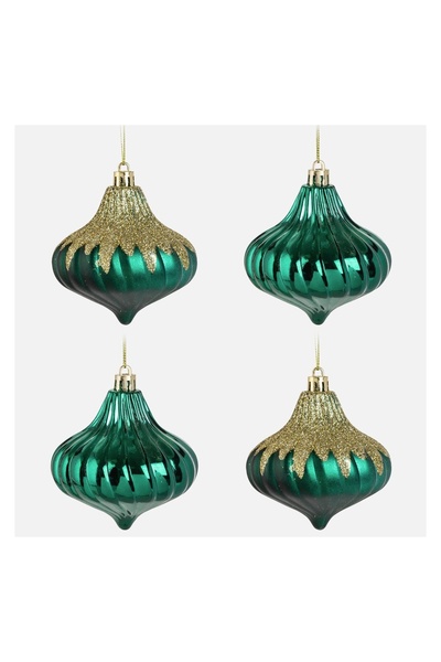 OEM Set Globuri de Crăciun Verzi Onion cu glitter auriu 8 cm - 4 bucăți, pent...