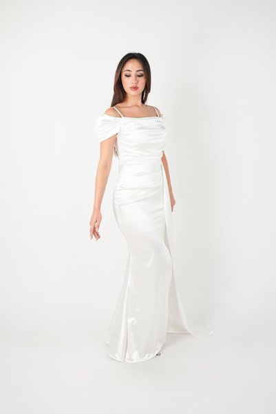 BEYBOS Satin Fabric Gathered Shawl Detailed Evening Dress - White