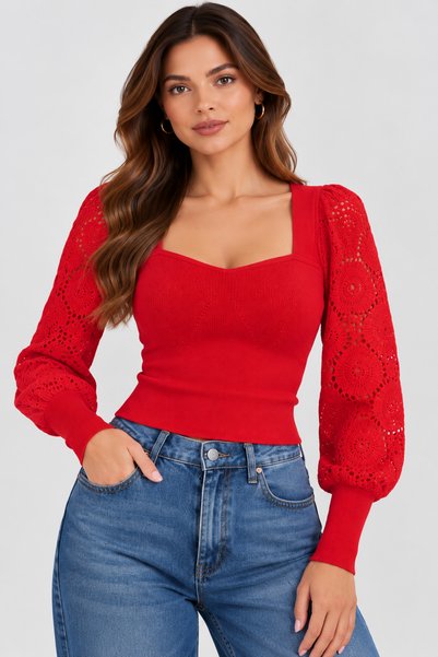 citycenterfashion Women's Lace Square Neck Knit Blouse cty-çtn-9777