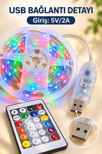 UCUZTEKNO شريط إضاءة LED RGB بطول 10 أمتار، يتصل عبر منفذ USB.