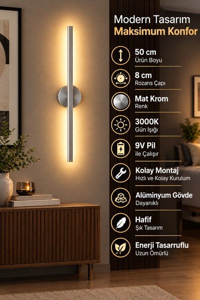Modern 50 cm Mat Krom Duvar Lambası, 3000K Gün Işığı, 9V Pil ile