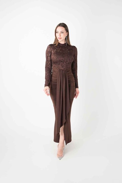 BEYBOS Top Lace Bottom Sandy Fabric Dress - Brown