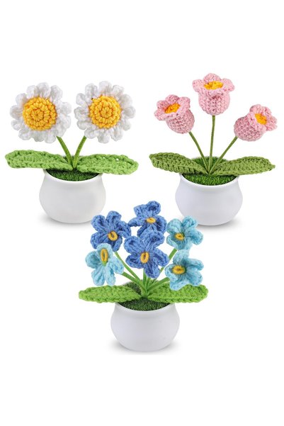 TERRIFI 3PCS Crochet Flower Pots, Handmade Crochet Flowers Desk Decor with Su...