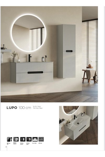 Vetrola Lupo 80 cm Banyo Dolabı Seti Cam Lavabolu, Boy Dolabı ve LED Dokunmat...
