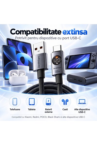 ZenithSync Cablu incarcare rapida ZenithSync, USB-A la USB-C, pana la 120W, 6...