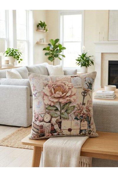 Believe ANTIQUE KEY AND PEONY JACQUARD-WOVEN TAPESTRY DECORATIVE PILLOW 45×45 cm