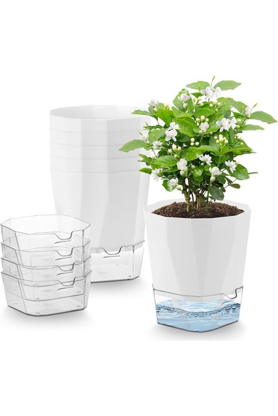 KASTWAVE 6 Pack Self Watering Plant Pots Indoor, 12.5cm White Plastic Flower ...