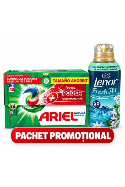lenor Pachet 40 capsule Ariel universale + balsam fresh air 50 spălări