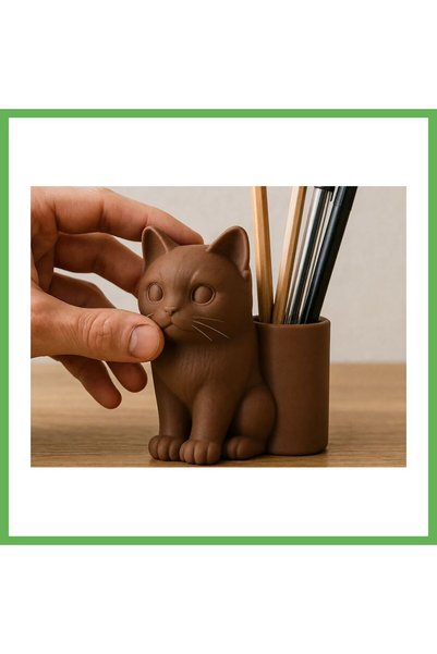 TheGencoo 3D-Printed Cat-Shaped Pencil Holder - Desktop Organizer - Brown GEN01
