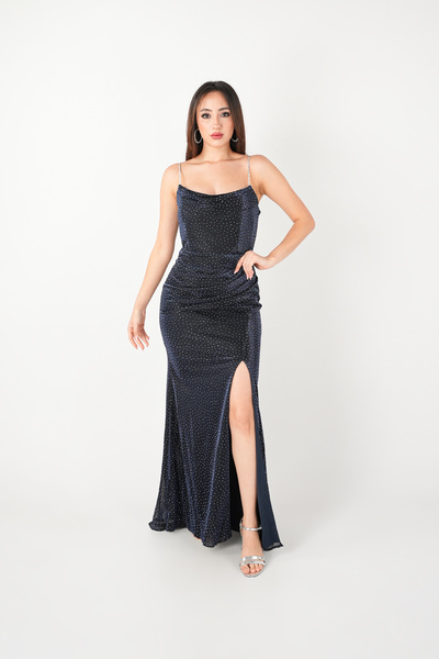 BEYBOS Stone Detailed Jacquard Fabric Strap Evening Dress - Dark Blue