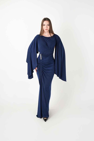 BEYBOS Sandy Fabric Dress with Drawstring Detail - Dark Blue