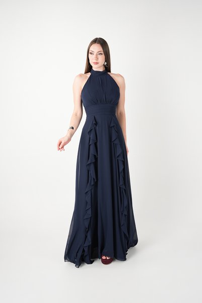 BEYBOS Chiffon Fabric Halter Neck Dress with Flounce Detail - Dark Blue
