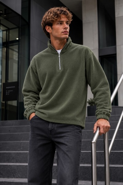 DAMGA JEANS Ανδρικό φούτερ με φερμουάρ, ορθός γιακάς και φλις, σε χρώμα χακί
