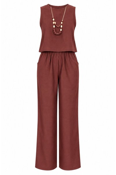 Laluvia Terracotta Color Blouse and Pants Set with Accessories - 2y8757