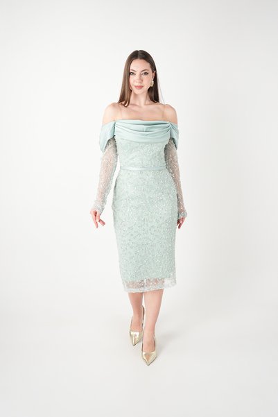 BEYBOS Full Beaded Fabric Satin Degaje Collar Pencil Dress - Mint Green