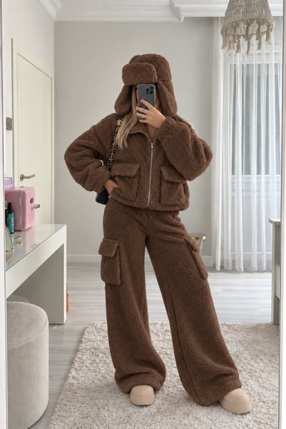 Ekim Store Σετ 3 τεμαχίων βελουτέ Teddy με καπέλο Ski Brsk από πλασέ