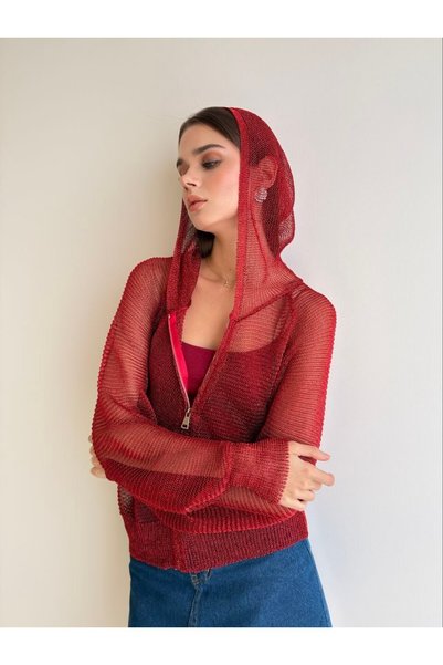 buqre's moda سترة نسائية بغطاء للرأس مزينة بتفاصيل من الشبك.