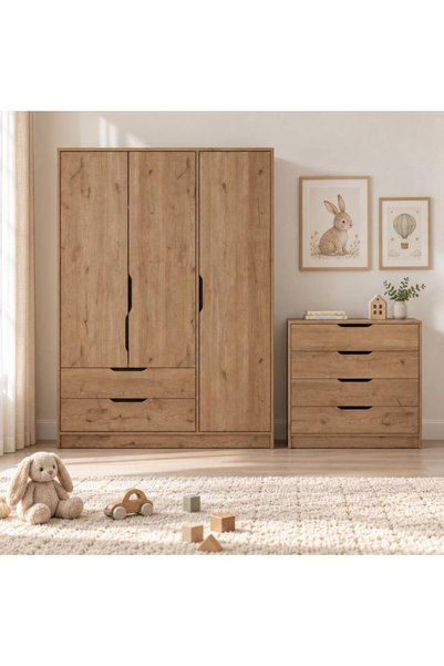 Bimossa TK3250 Winnie 3 Kapaklı Gardırop ve 4 Çekmeceli Şifonyer Takımı Sepet, Çocuk Odası Takımı