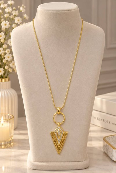 Vipfoni Gold-Colored Steel Triangle Necklace with Detailed Zircon Stones