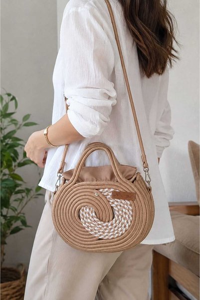 MTG JÜT TASARIM HANDMADE JUTE WOVEN STRAP SHOULDER BAG WITH SMALL RINGS AND C...