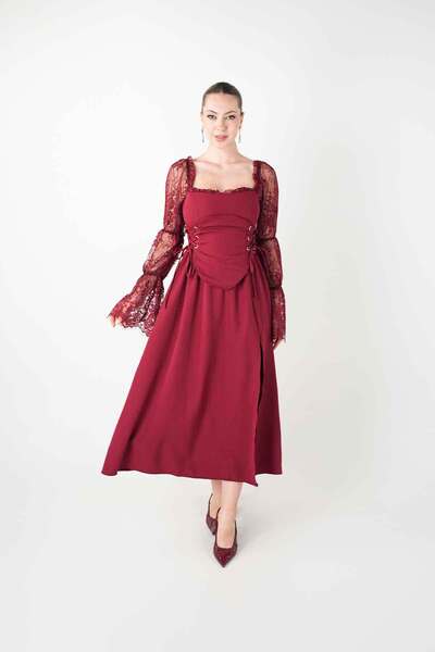 BEYBOS Double Fabric Atlas Corset Detailed Dress - Bordo