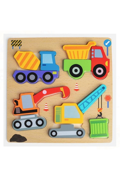 Generic Brand Puzzle din Lemn cu Vehicule de Constructii 19x19cm