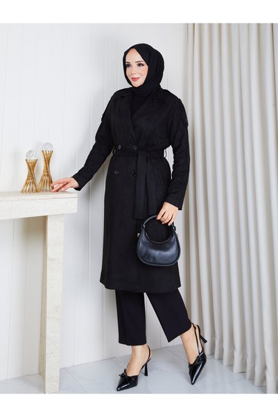 şuranur Suede Fabric Basic Button-Front Trench Coat