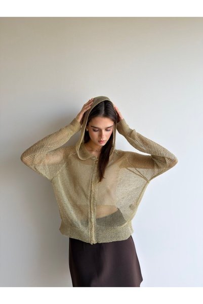 buqre's moda Cardigan cu glugă pentru femei, din plasă, cu detalii cu sclipici