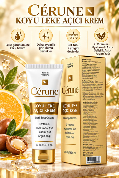 CERUNE Açıcı Krem 50 ml | C Vitamini, Hyaluronik Asit, Salisilik Asit ve Arga...