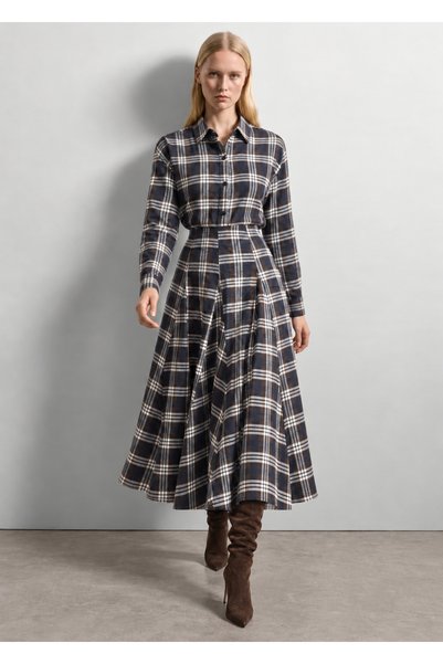 LADYA COLLECTION Bitter Coffee Navy Plaid High-Pleated A-Line Long Skirt