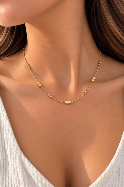 Nilsu Aksesuar Gold-Colored Minimalist Women's Steel Necklace with Beaded Det...