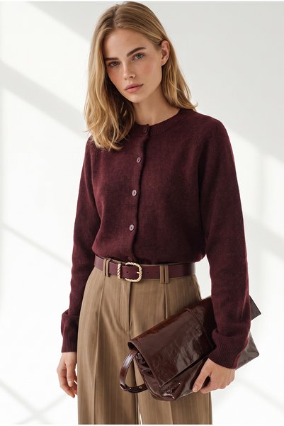 Olalook Women's Burgundy Crew Neck Button-Front Knit Cardigan HRK-19000528