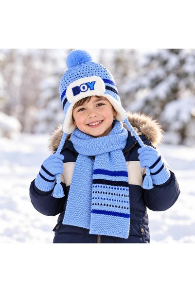 Wearflawless Boys' Winter Hat, Scarf, and Gloves 3-Piece Set with Ears and Po...