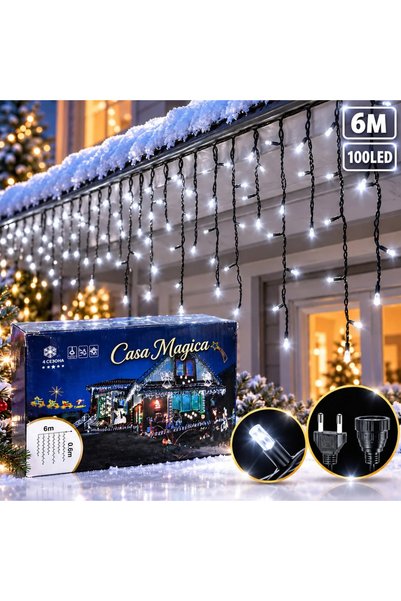 JML Instalație de Crăciun Tip Franjuri 6m, 100 LED-uri, Lumină Alb Rece, Fir ...