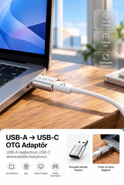 Kensa USB to Type-C Dönüştürücü PC Şarj ve Veri Aktarımı OTG Adaptör