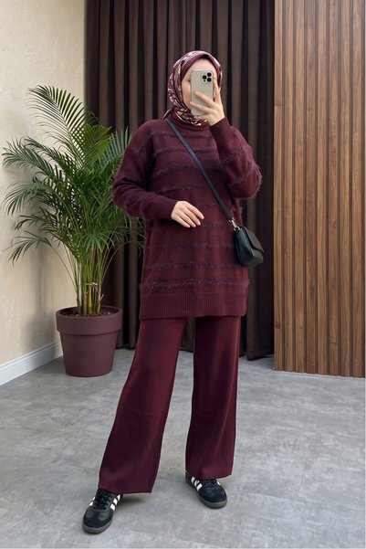 MODAQU Çizgili Sakal İp Yumoş Pantolon Tunik Triko Takım - Bordo