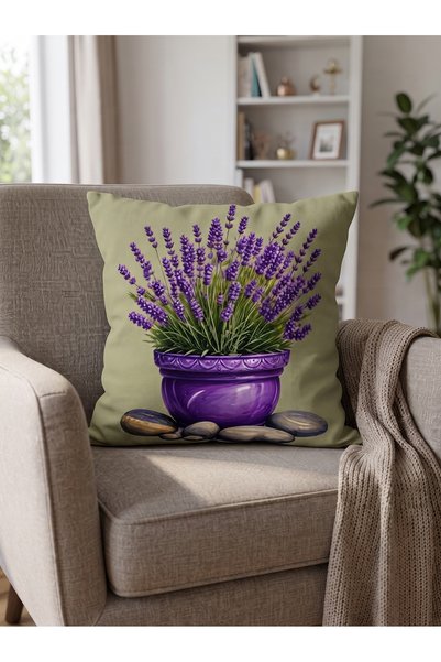 Lavanta Desenli Çift Taraflı Dijital Baskı Dekoratif Kırlent Kılıfı - 43x43 cm Süet Kırlent Kılıfı