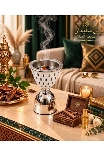 Generic Brand مبخرة سيراميك أبيض مخرم بقاعدة ستيل فضي وكريستال مقاس 14 سم تصم...