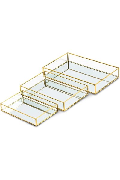 DURKU Pack of 3, Gold Mirror Tray, Glass Vanity Tray for Jewelry, Perfume, Ma...