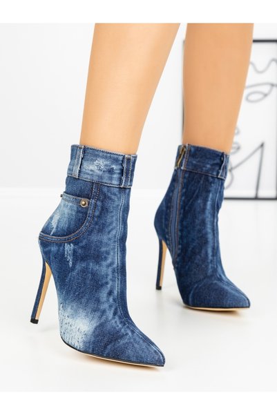 MİASHOES Botine dama cu toc subtire albastre din material textil Elaerla