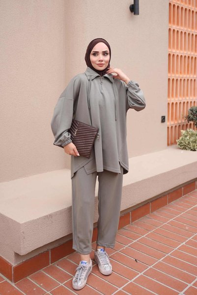 İmajButik Khaki Collared Zippered Tunic and Pants Set