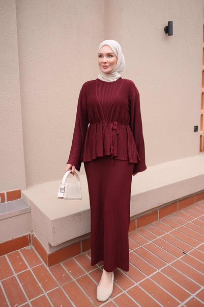 İmajButik Burgundy Curly Knit Cardigan and Jilbab Set