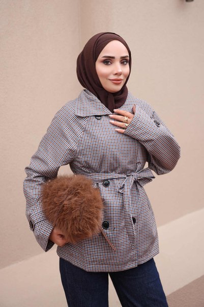 İmajButik Blue and Brown Short Plaid Trench Coat with a Mock Neck and Lining