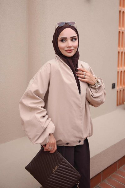 İmajButik Taupe Color Jacket with Puffed Sleeves and Side Pockets