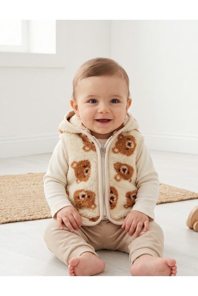 MiniKids Vest with hood, cocolino Urs, brown