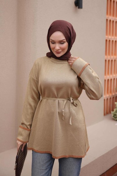 İmajButik Gold-Sleeve-Pleated Glittery Mercerized Knit Tunic