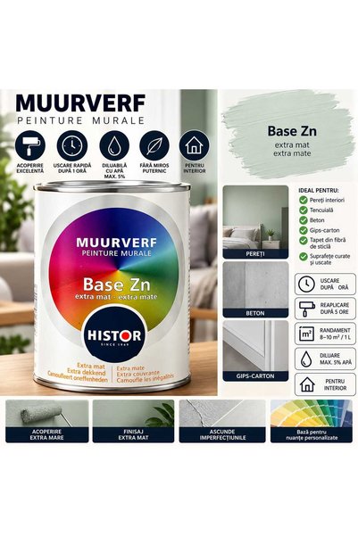 HiStore Vopsea Lavabilă Premium pentru Interior Histor Muurverf Base Zn, 1 Litru